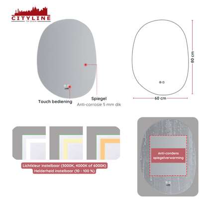 Moderne Badkamer Spiegel "Bardosu" - 80 x 60 cm - LED & Anti - condens - Verwarminghandel
