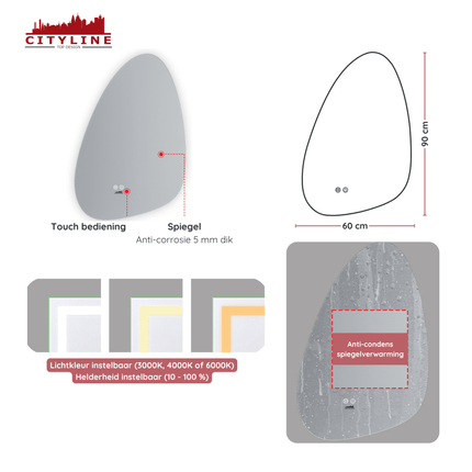Moderne Badkamer Spiegel "Monti" - 90 x 60 cm - LED & Anti - condens - Verwarminghandel