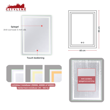 Moderne Badkamer Spiegel "Ottana" - 80 x 60 cm - LED & Anti - condens - Verwarminghandel