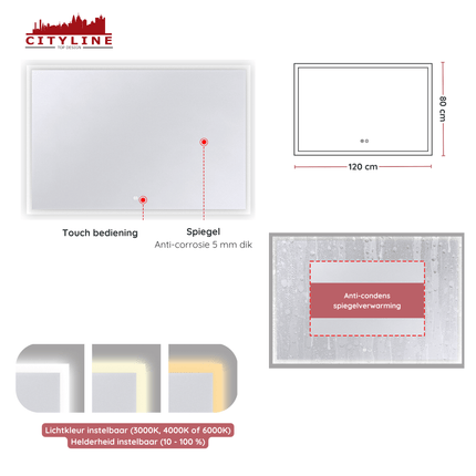 Moderne Badkamer Spiegel "Oristano" - 80 x 120 cm - LED & Anti - condens - Verwarminghandel