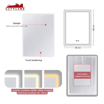 Moderne Badkamer Spiegel "Oristano" - 80 x 60 cm - LED & Anti - condens - Verwarminghandel