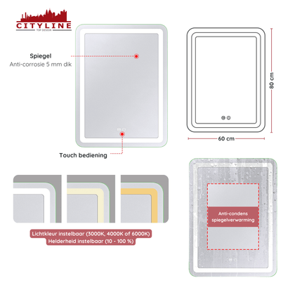 Moderne Badkamer Spiegel "Bosa" - 80 x 60 cm - LED & Anti - condens - Verwarminghandel
