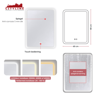 Moderne Badkamer Spiegel "Alghero" - 80 x 60 cm - LED & Anti - condens - Verwarminghandel