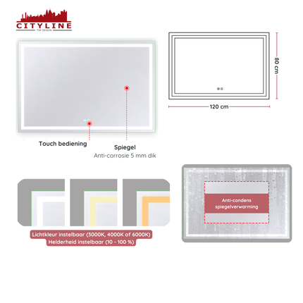 Moderne Badkamer Spiegel  "Ottana" - 80 x 120 cm - LED & Anti-condens