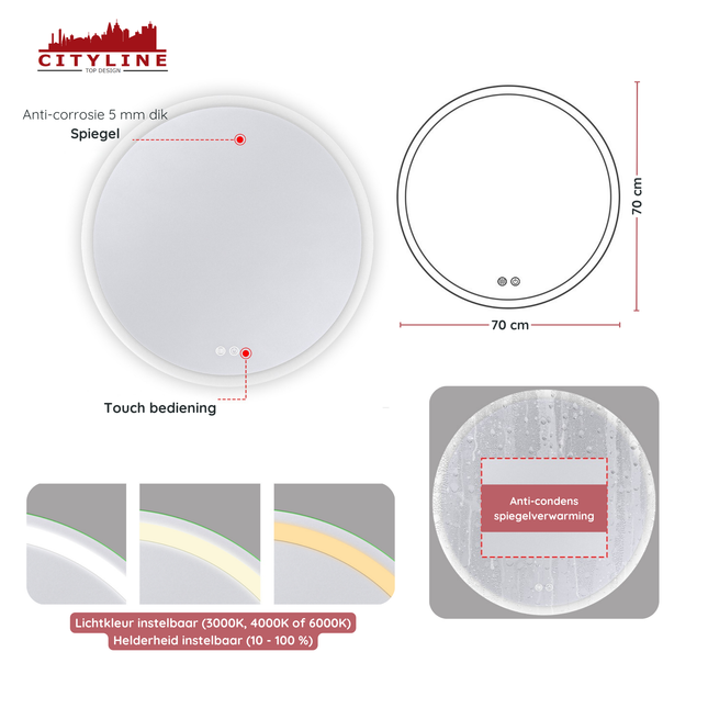 Moderne Badkamer Spiegel  "Portobello" - Rond - 70 cm - LED & Anti-condens