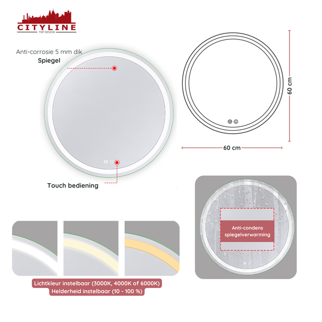 Moderne Badkamer Spiegel  "Villamar" - Rond - 60 cm - LED & Anti-condens