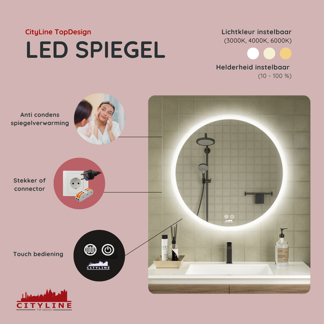 Moderne Badkamer Spiegel  "Portobello" - Rond - 70 cm - LED & Anti-condens